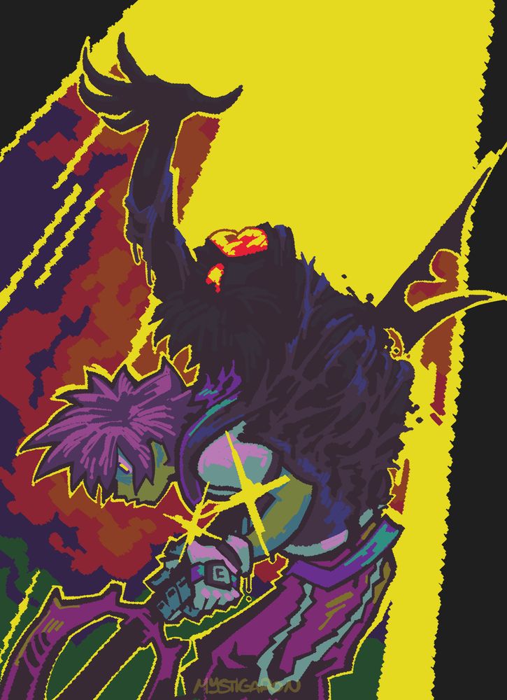 a digital painting depicting the moment in kh1 where sora pierces himself through the heart with the keyblade of heart. from his back erupts his rage form self from kh3, almost like he is bursting free of a cocoon, teeth bared and his freed arm raised skyward, claws splayed outward and splitting the ray of light being cast down onto them from above. the keyblade is much larger than it actually is in-game, having pierced straight through kh1 sora and out of kh3 sora's chest and cutting across the ray of light. two small glints of light surround the area where sora has pierced himself, representing kairi's and his own heart. the ray of light from above is itself piercing through the darkness surrounding them, black shadows at either side of it.