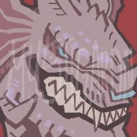 a digitally illustrated icon of the client's dragonborn character sherbert, flashing the viewer a sharp-toothed, menacing grin.
