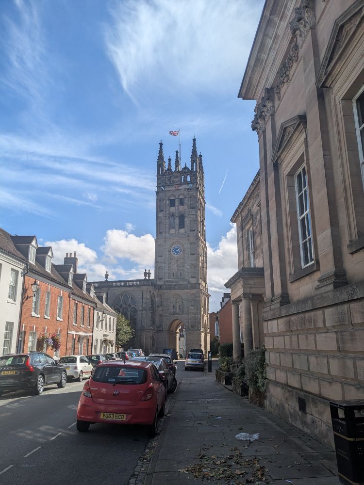 Tower of St Mary's Warwick flying a Union Flag on 15th September 2025