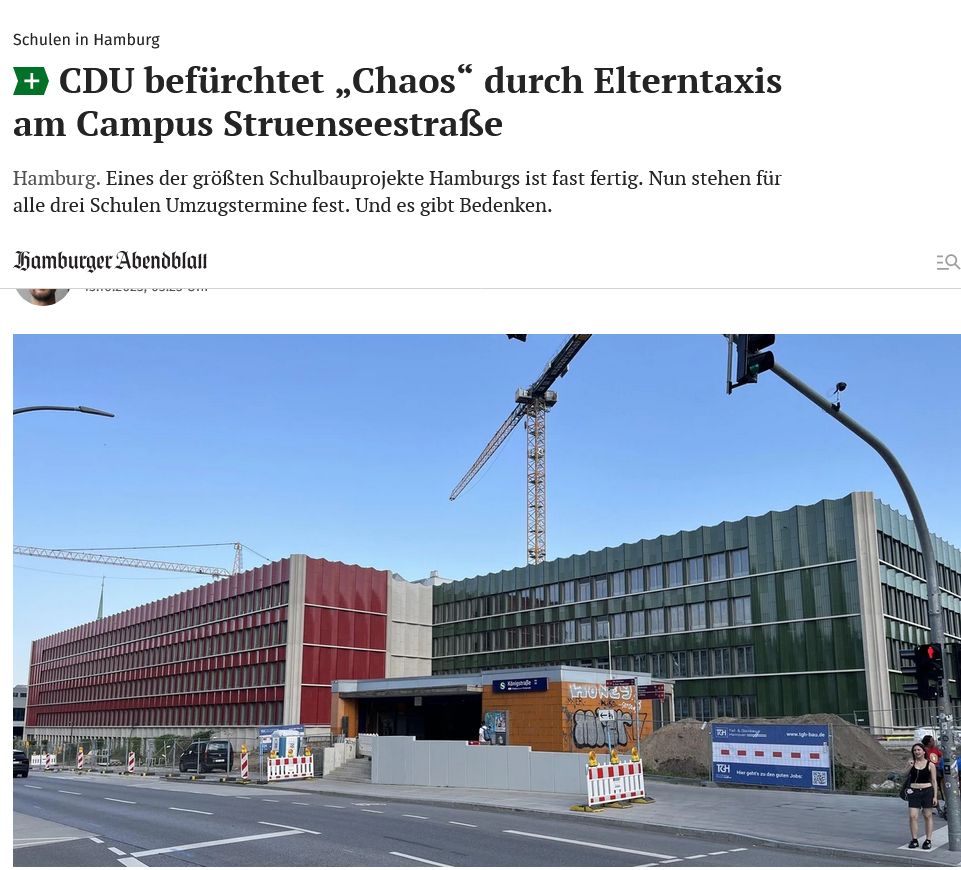Foto: Neuer Schulcampus Struenseestr in Hamburg Altona
CDU befürchtet „Chaos“ durch Elterntaxis am Campus Struenseestraße 