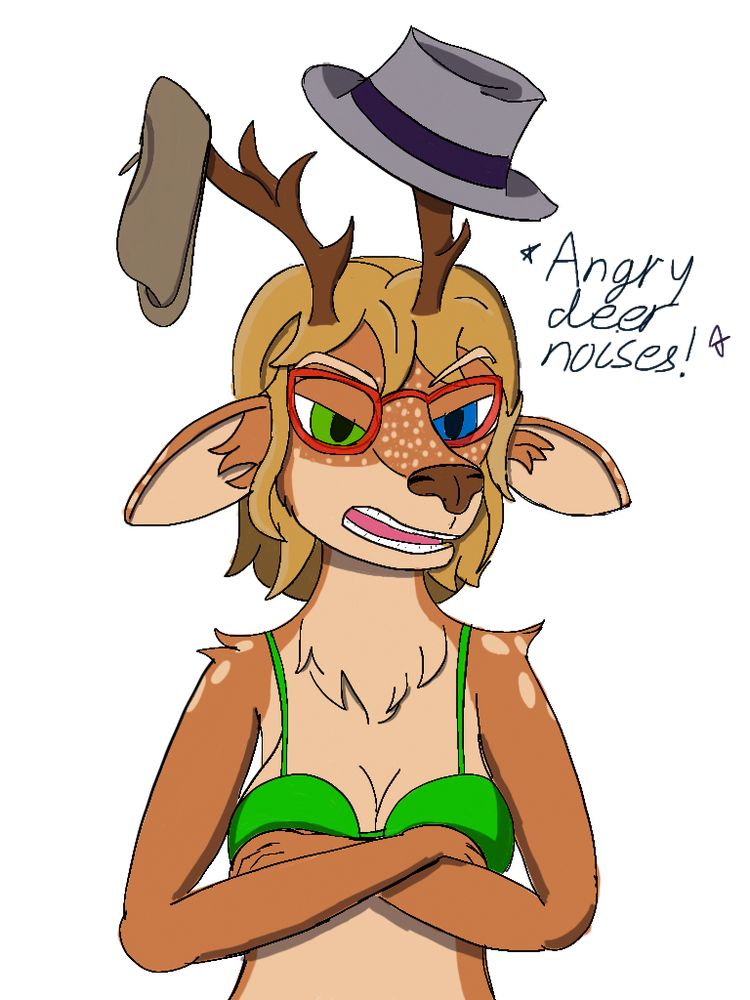 An anthromorphic deer, more distinctly female in appearance. They are wearing a green top with their arms crossed infront of their breasts. Their ears are slightly folded down with an annoyed expression; and their antlers have two hats on them. Caption says *Angry deer noises!* after being used as a hatrack.