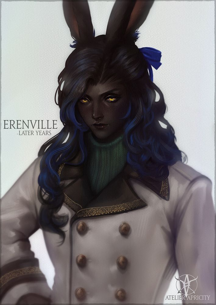 An illustration of Erenville from Final Fantasy XIV, in my headcanon with his later years after journeying.

The text written on the image are:
Erenville, Later Years

On the lower right, 
My artist logo and name: Atelier Apricity