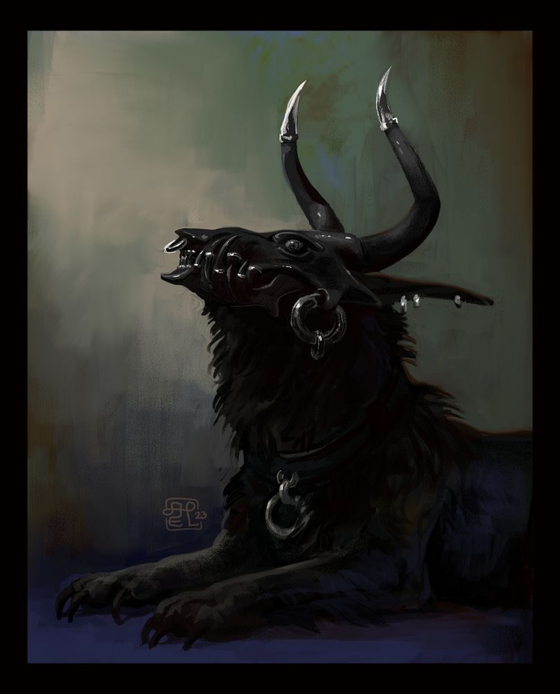 A monster laying on its belly, looking up. It is black and has scruffy fur, and is wearing a polished stone mask decorated with silver metal. 