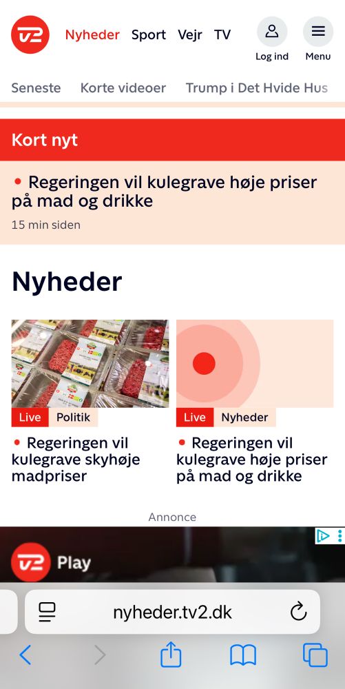 Forsiden af nyheder.tv2.dk, hvor samme nyhed vises tre gange.