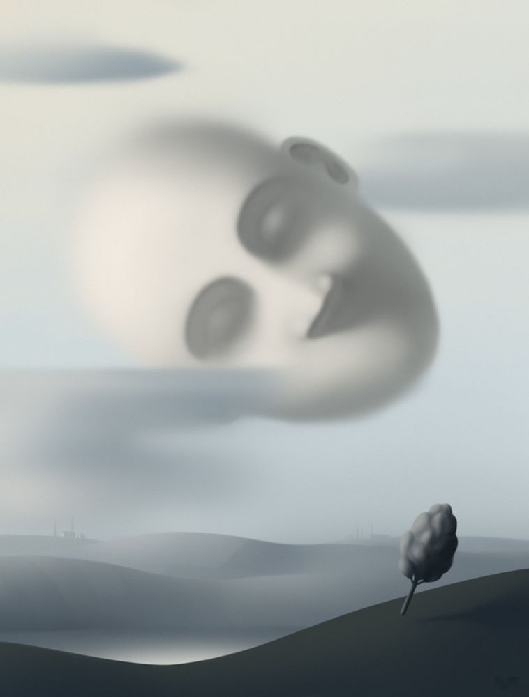 Digital painting of a head floating over industrial fields, 2017