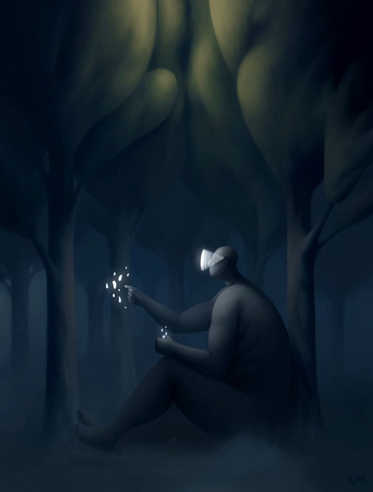 Painting of a guy sitting in a forest, interacting with a device