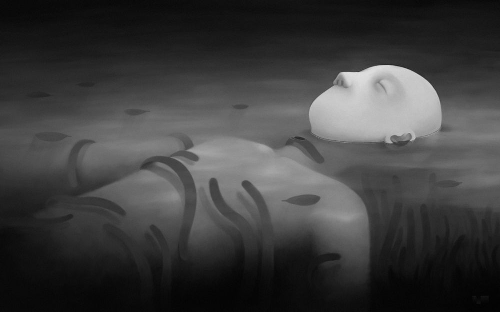 Black and white painting of a guy relaxing in shallow waters