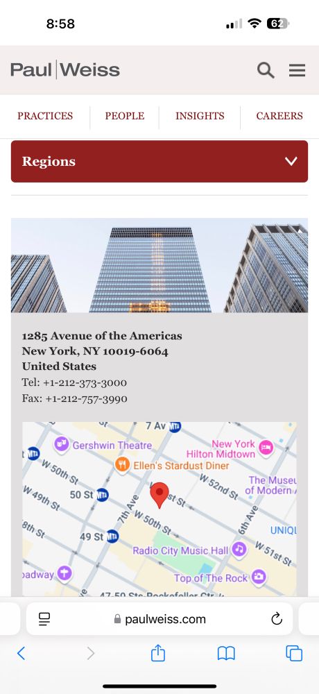 Screenshot of paul Weiss phone number/contact info 12123733000