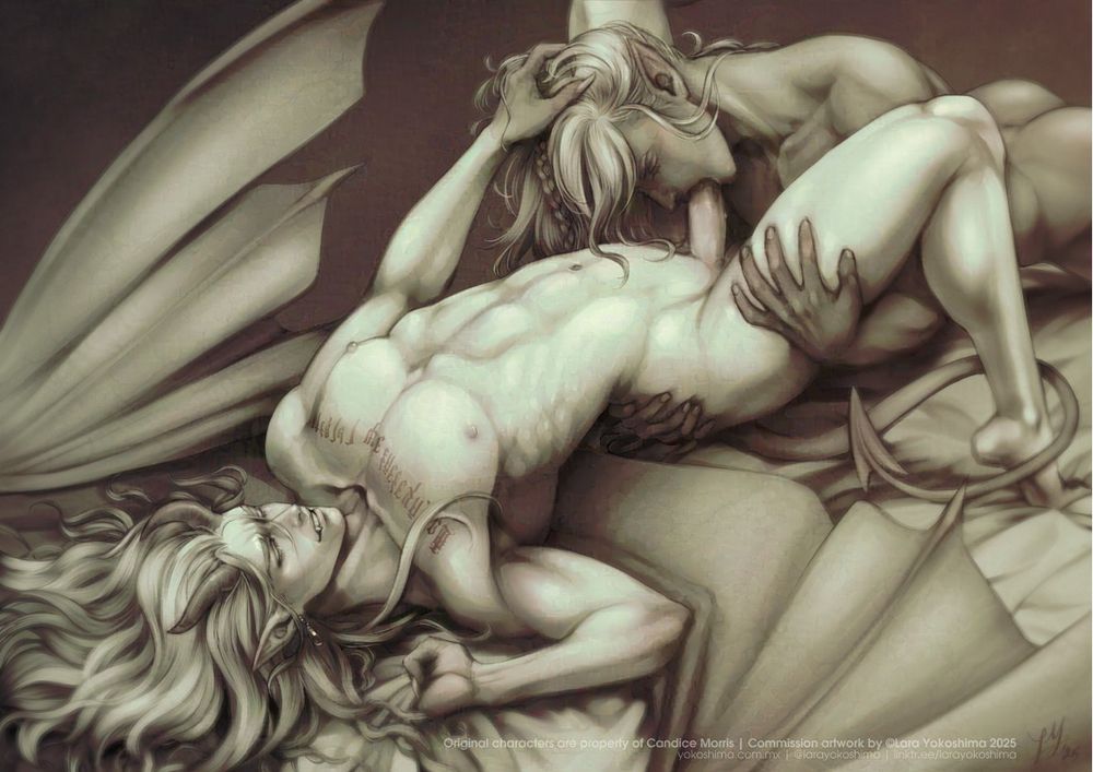A monochromatic illustration depicting a sex scene of two male creatures. The demon lies on his back, his wings spread to the sides, with one hand he pulls the sheet below him and with the other rests on his lover's head as his fingers entwine in his long hair. The other man, a dark skinned elf, gently sucks on the demon's erection, while his hands hold his hips and leg for a more controlled movement.