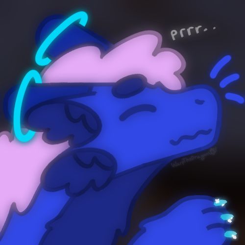 a drawing of a fluffy lapis blue colored dragon with a pink mane purring. they are also holding up a paw with very sharp claws.