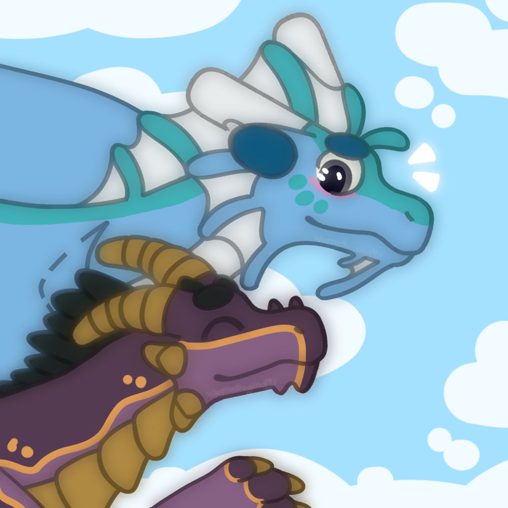 a drawing of two dragons, one light blue and one dark purple colored dragon. the purple dragon is smiling at the blue one and waving hello. the blue one acknowledges their presence. they are flying high up in the sky.