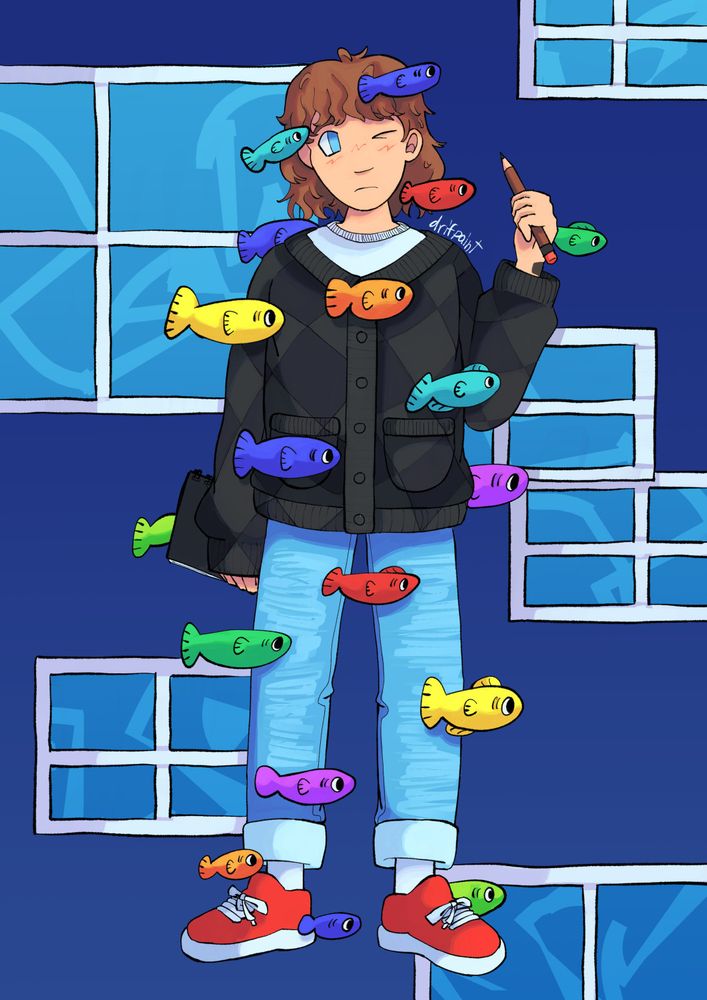 a digital drawing of my sona holding a drawing notebook and pencil, holding it up high with one eye closed (to reference a drawing technique often taught in schools). in the background is a blue gradient void, with various windows floating inside of it.