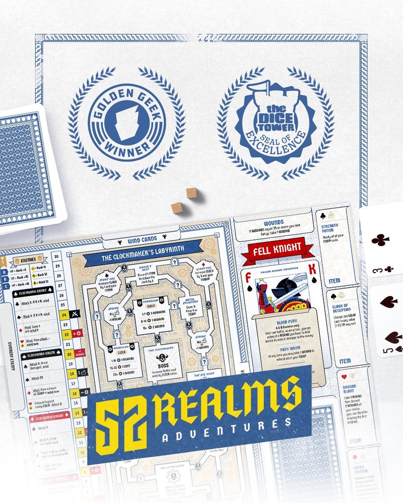 A game sheet showing a dungeon game sheet with rooms connected by corridors, and an avatar of a character in a suit of armour with the text ‘Fell Knight’. Below the game sheet is an angled banner with the text ’52 Realms Adventures’. Above the game sheet are two wreaths with ‘Golden Geek Winner’ in one, and The Dice Tower Seal of Excellence in the other’   
The Seal of Excellence is a trademark of The Dice Tower, LLC and is used with permission.