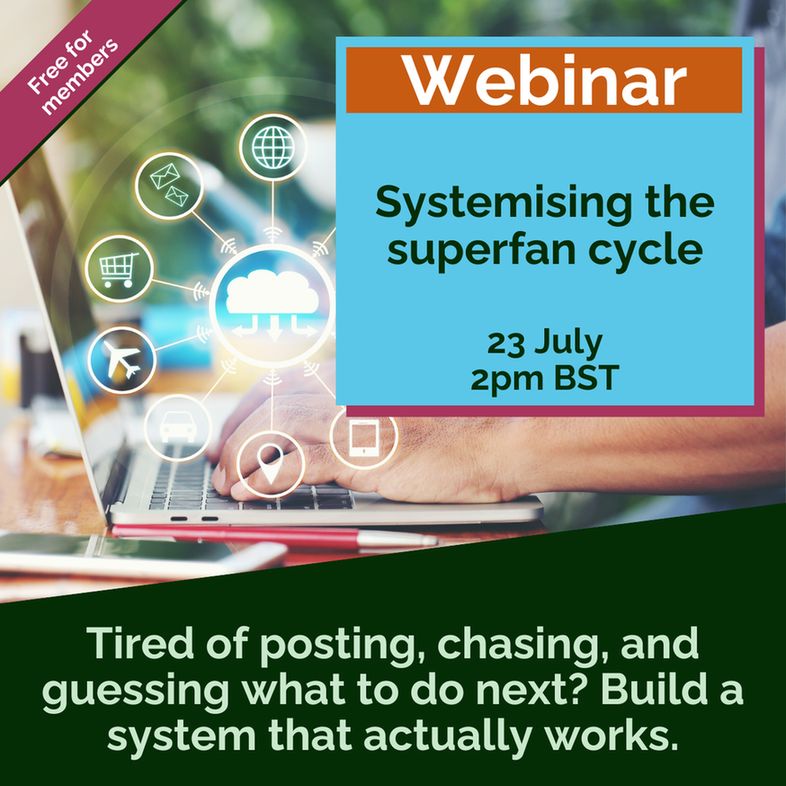 Promotional graphic for an L&D Free Spirits webinar titled "Systemising the Superfan Cycle", happening on 23 July at 2pm BST. It features a hand typing on a laptop with digital icons symbolising automation and systems, plus a bold message: “Tired of posting, chasing, and guessing what to do next? Build a system that actually works.”
