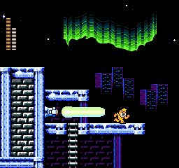 Mega Man, equipped with a star-like weapon, runs away from an aurora-like laser. Both are atop a rustic rooftop, with skyscrapers and aurora lights in the background.