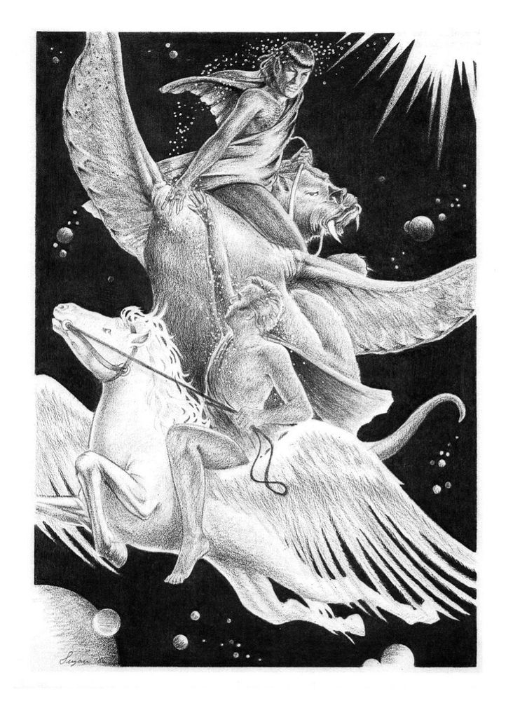 Vintage Star Trek fanzine art by Suzan Lovett of a winged horse and a winged sehlat flying through space. Kirk is riding the horse and Spock is riding the sehlat. Both are wearing very revealing togas (if you can call them that). Kirk is reaching for Spock's hand and there are sparkles around them.