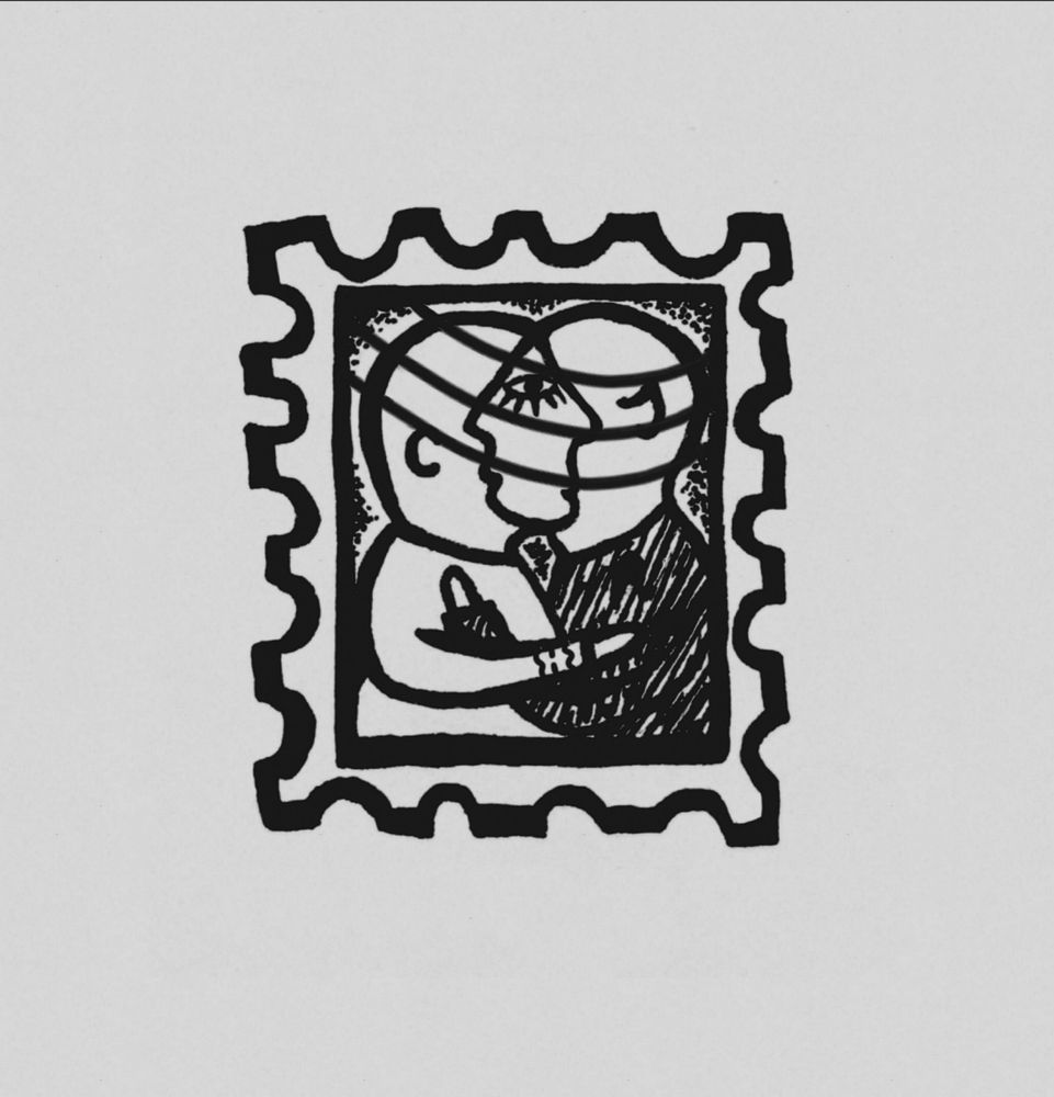 The same simple drawing of Kirk and Spock holding onto one another, faces phasing together like a venn diagram. This time there are a few lines cutting through to signify postal stamp ink on an envelope.