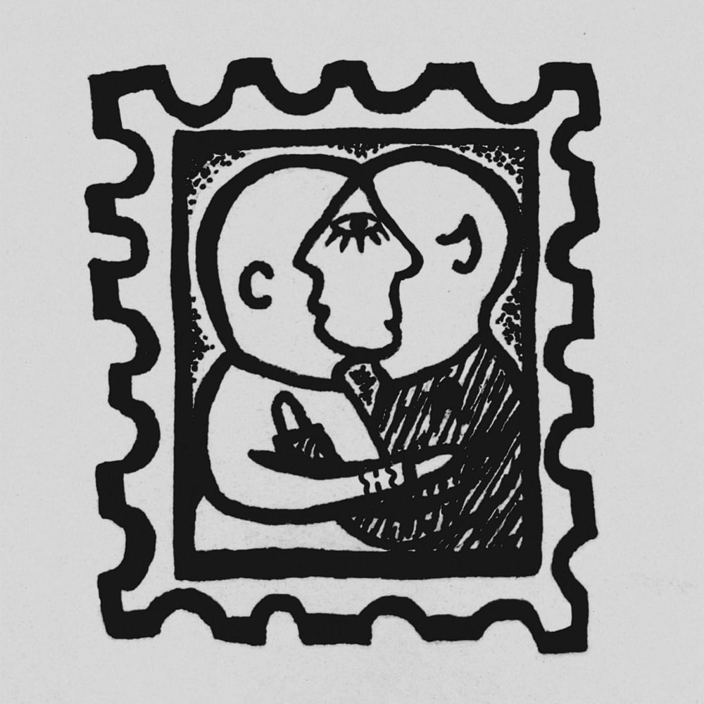 A simple drawing of Kirk and Spock holding onto one another, faces phasing together like a venn diagram. They are framed in a postal stamp design. 