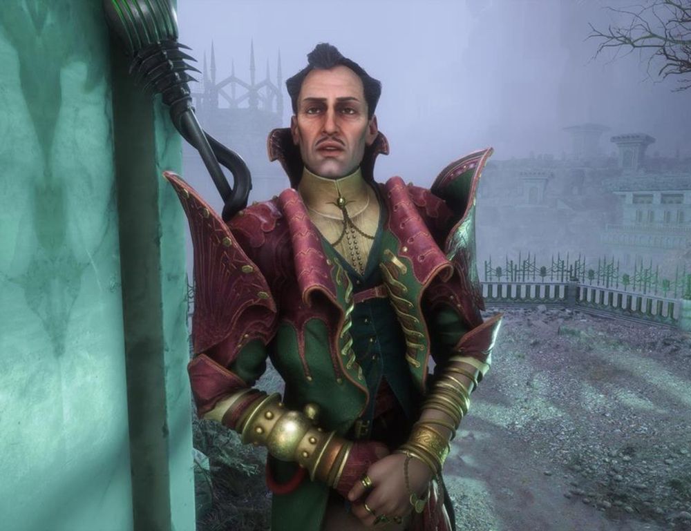 Screenshot of Emmrich Volkarin from Dragon Age: The Veilguard. He is an older human man with a thin mustache, greying hair, and dressed in a lavish and ornate maroon/green petticoat complete with a well tailored vest and undershirt. Imagine your advanced chemistry professor just got back from his side gig playing the Wizard on Wicked