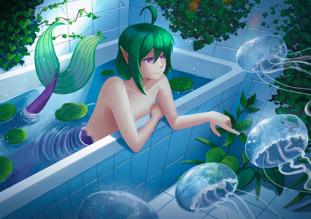 Mermaid is in a bathtub surrounded by foliage and plants while translucent Jellyfishes are floating around them.