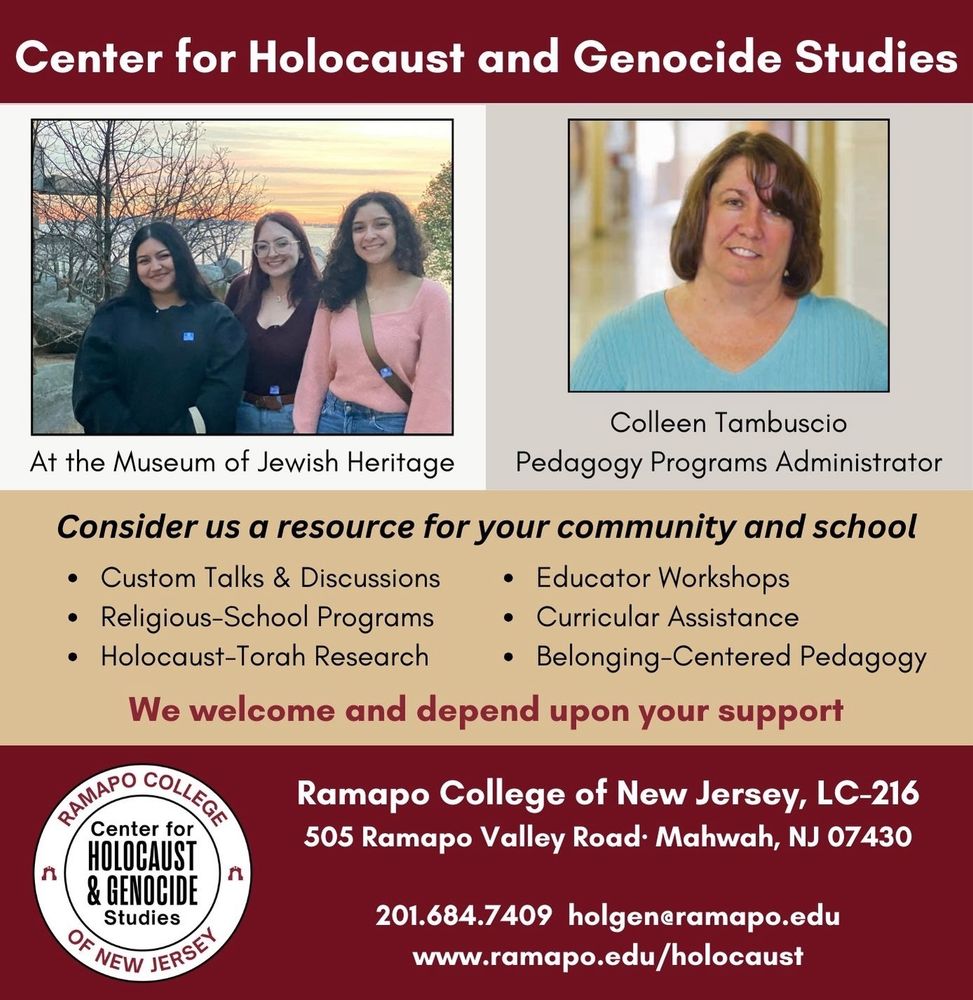 Ad in Jewish Standard. Included contact information, a list of services, a picture of three students on the roof of the Museum of Jewish Heritage and a headshot of Colleen Tambuscio, Pedagogy Programs Administrator.
