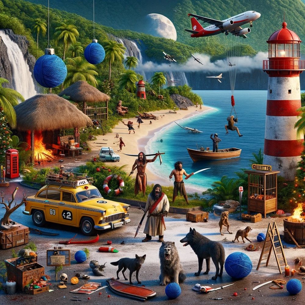 Dall-E-Bild mit karibischer Insel mit Vulkan, Leuchtturm, Taxi, Wolf und blauen Wollknäuel sowie diversen Dingen nach denen ich nicht gefragt habe.