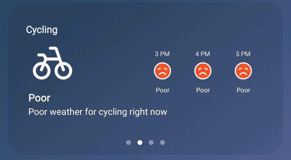 A screenshot of an android weather app that says its "poor weather for cycling right now".