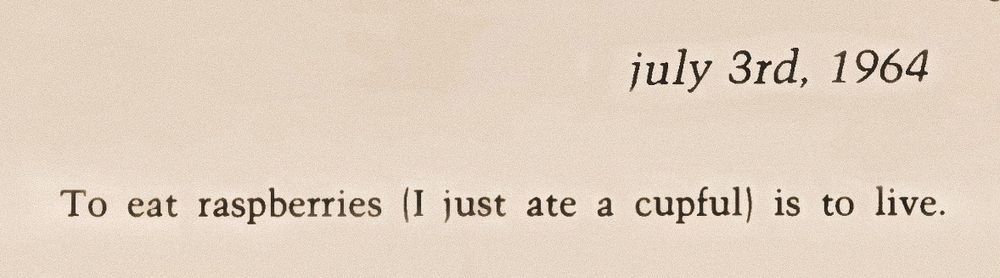 an entry from Anne Sexton's, 'A Self-Portrait in Letters'. black text on cream background: 

"july 3, 1964

To eat raspberries (I just ate a cupful) is to live."