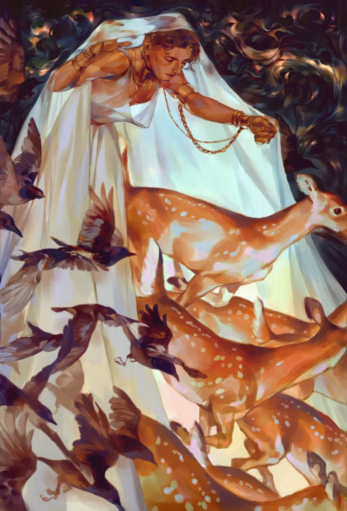 Digital painting. A person draped in fabric leans over and out from their gown & shawl bursts a herd of deer. Birds rush past. The background has the appearance of swirling oxidized metal. 