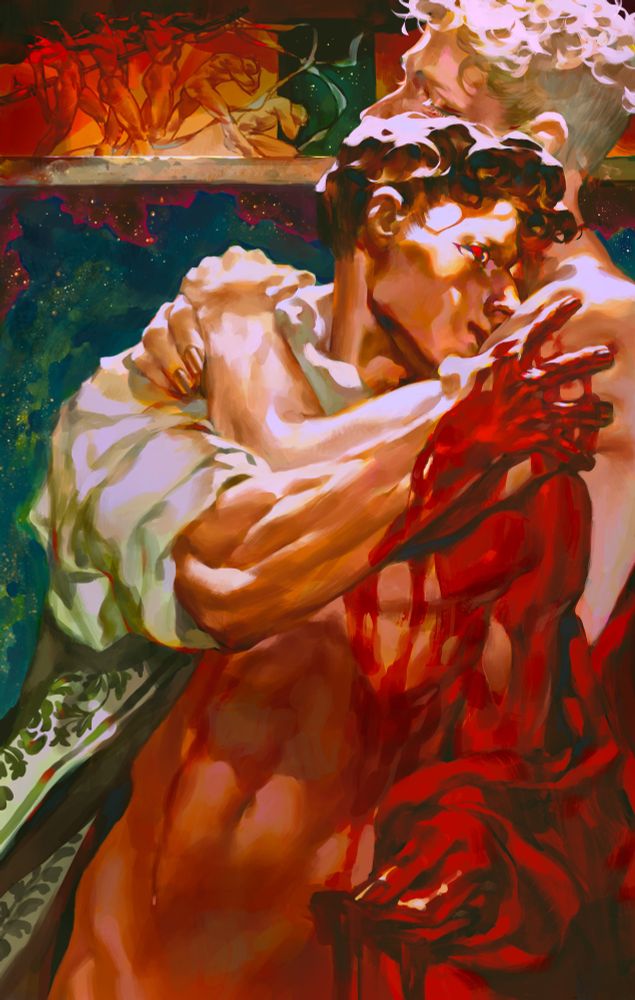 Digital painting of two men embracing. The one in the back has silver-blond hair and gold nail polish, and his eyes are closed. The one in the front has dark wavy hair, bloodshot red sclera, and gold irises. He’s pressing his face into the shoulder/chest of the first man. Blood pours down his hands and chest and arm. In the background above their heads is a relief depicting a spear stabbing through three figures, as well as two figures curled up in fear. 