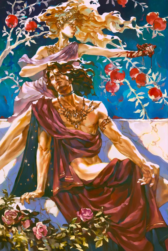 Digital painting of a man and woman sitting on marble steps. The woman sits above the man and rests her hand in his hair; her other arm is outstretched and she crushes a pomegranate in her hand. The man wears a complex neckpiece and a red piece of fabric that only partially covers him. 