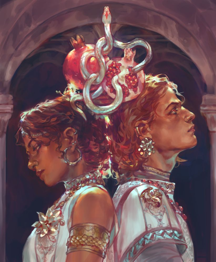 Digital painting of a man and woman standing back to back under a dark stone archway. The man has his chin raised and the woman has her chin lowered. They both wear elaborate white clothing, and their gold jewelry is dotted with red gemstones. Above their heads is a pomegranate sliced in two, and a thin white snake winding its way through and around it. 