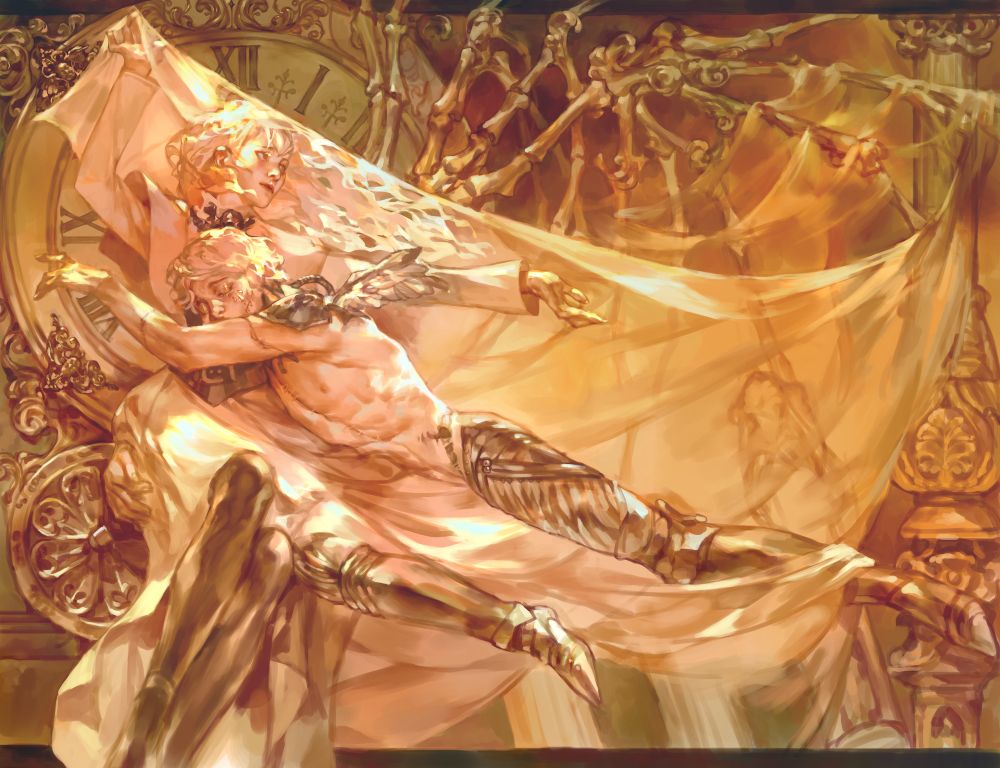 Digital painting of two characters, both white haired and pale skinned. The man is partially embracing the woman, leaning into her side and curling his arm around her hips. His legs are metal prosthetics, and he is shirtless. The woman gazes over & away from him, and her hair billows like a fire. Fabric drapes like a tent over her raised hand. In the background are collapsing pillars, a multi-limbed bony wing, and ornate clockwork decorations. The piece is cast in a warm golden glow. 