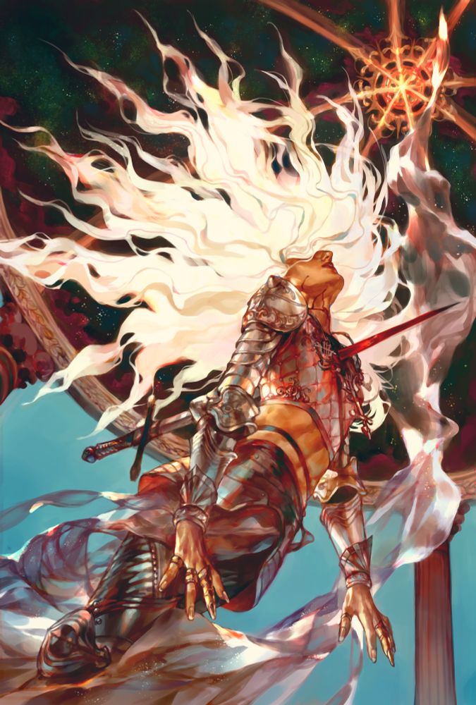 Digital painting viewing a person with long glowing white hair from below, a bloodied sword pierces their chest. They’re wearing elaborate armor and a wispy fabric trails around them. 