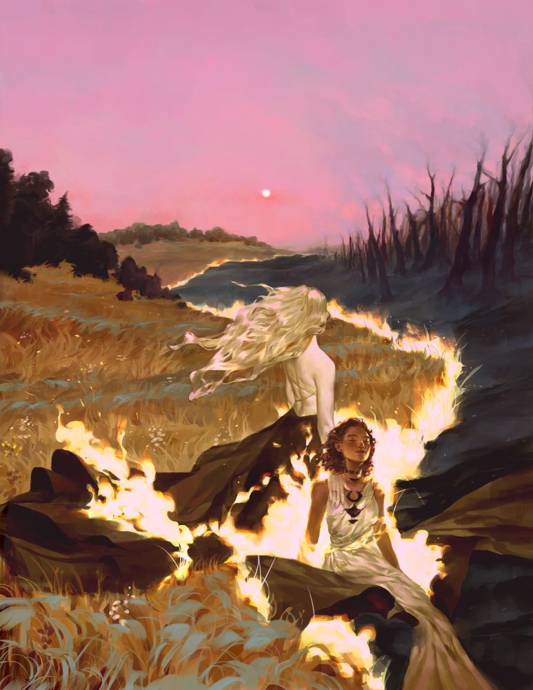 Digital painting. Illustration of a dry grassy windswept field, the right half blackened and burnt with a fire sweeping the edge. Standing in the fire are two women, one a fair-skinned blonde with long hair blowing in the wind. She faces away from the viewer and wears a billowing black dress. Her right arm rests at her side, and her hand rests on the shoulder of a dark-skinned woman wearing a pale gold dress who’s sitting with her eyes closed. In the distance is a small white sun held in a pale, smoke-filled pink sky. 