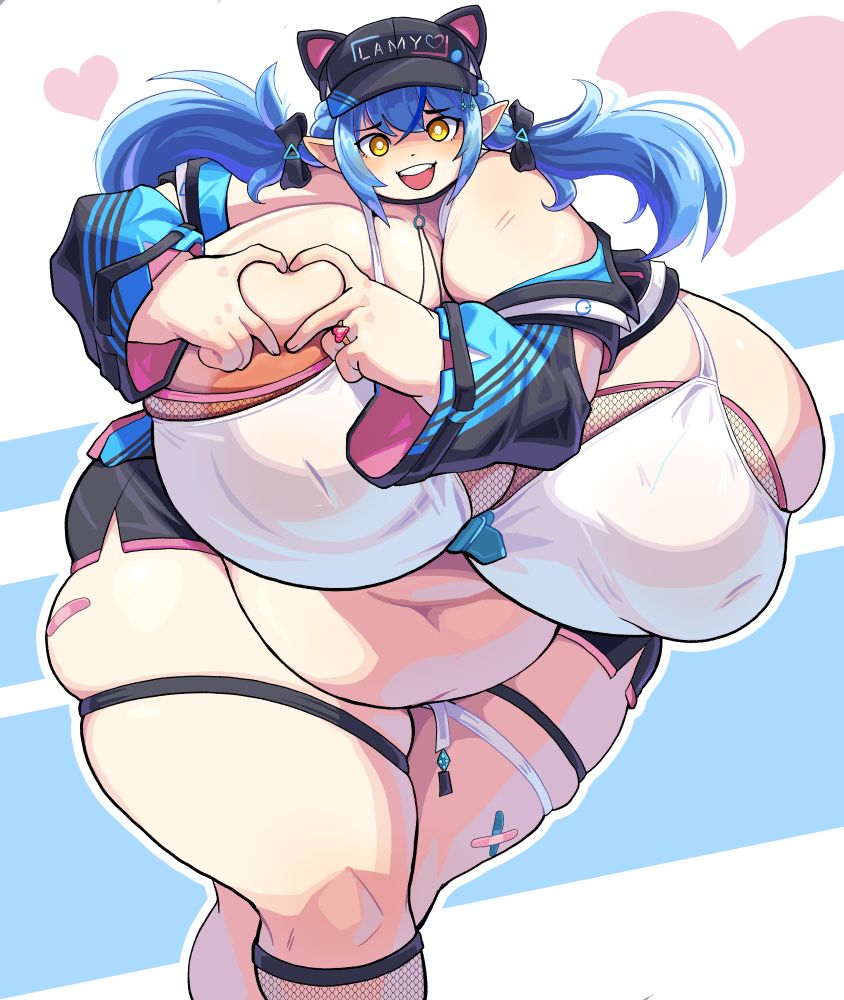 A fat curvy Lamy doing a heart gesture against her breast