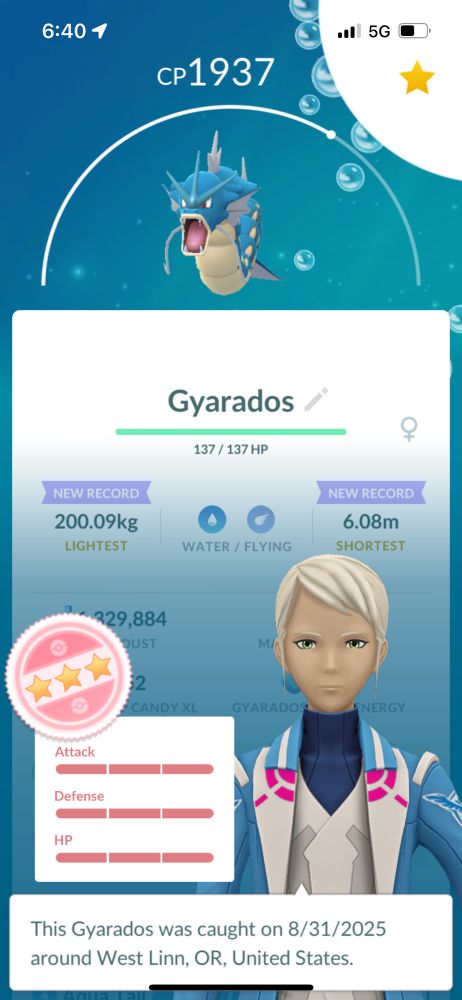Screenshot of Pokemon Go 4 star Gyrados.