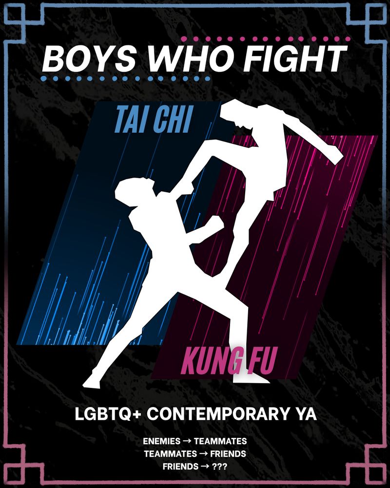 Image of two silhouetes fighting. Text says Boys Who Fight, Tai Chi, Kung Fu, LGBTQ+ Contemporary YA, enemies to teammates, teammates to friends, friends to question marks.