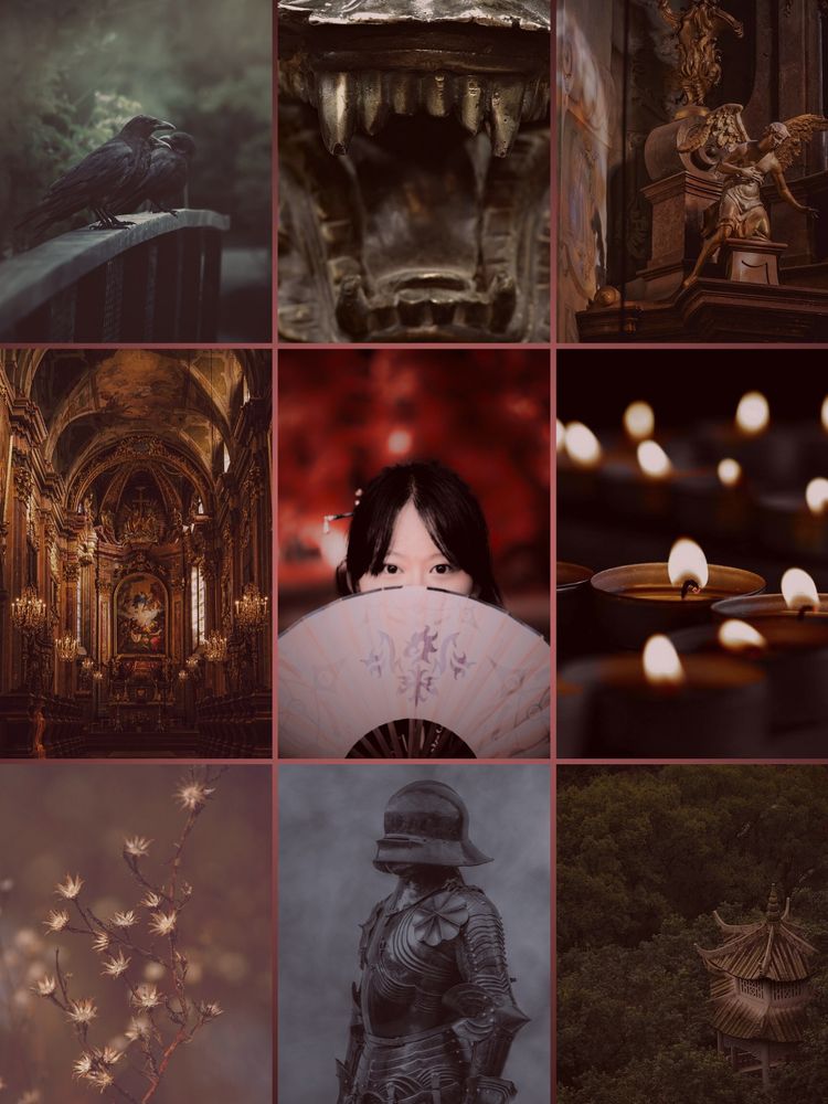 Image board containing images of crows on a bridge, a stone dragon statue, an angel statue in a church, the interior of a church, a girl peering over a fan, lit candles, a dying plant, a knight in armor, and an Asian building nestled in a forest. 