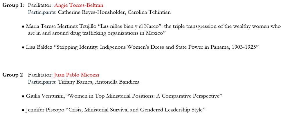 Group 1: 	Facilitator: Angie Torres-Beltran 
Participants: Catherine Reyes-Housholder, Carolina Tchintian

●	Maria Teresa Martinez Trujillo “Las niñas bien y el Narco”: the triple transgression of the wealthy women who are in and around drug trafficking organizations in Mexico”

●	Lisa Baldez “Stripping Identity: Indigenous Women's Dress and State Power in Panama, 1903-1925”



Group 2 	Facilitator: Juan Pablo Micozzi
		Participants: Tiffany Barnes, Antonella Bandiera

●	Giulia Venturini, “Women in Top Ministerial Positions: A Comparative Perspective”

●	Jennifer Piscopo “Crisis, Ministerial Survival and Gendered Leadership Style”
