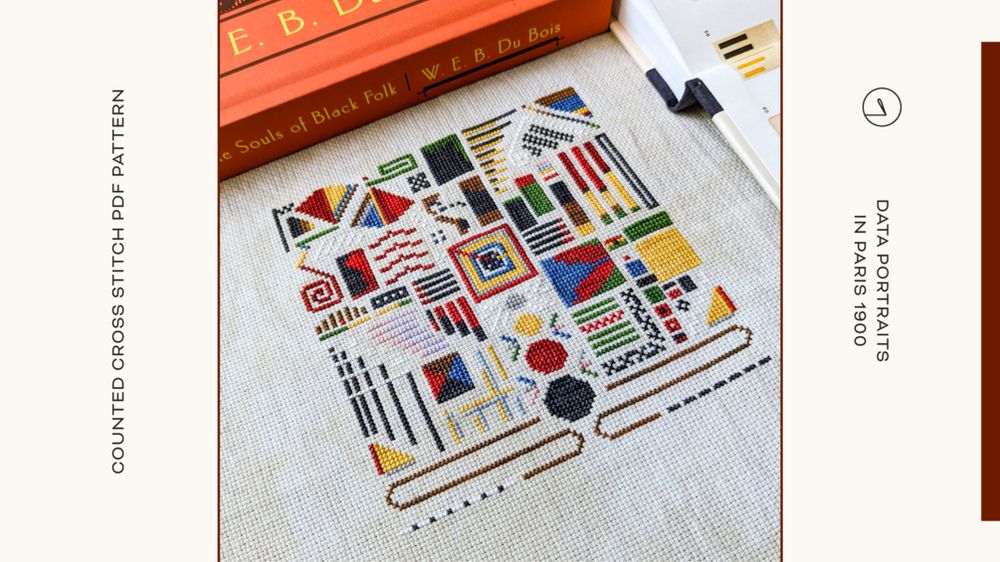 A cross stitch containing different colorful and interestingly shaped graphs! Inspired by charts made by W.E.B. Du Bois for the 1900 Paris world fair. 

ShadedStitchery describes this as 
“At the 1900 Paris World Fair, a set of hand-drawn charts, graphs, and diagrams debuted that captured the African American experience for the world's eyes. These bold, eye-catching infographics were the brainchild of W.E.B. Du Bois, noted American sociologist, historian, civil-rights activist, Pan-Africanist, author, and editor. This stitch features a collage of my interpretations of the infographics, paying homage to his work and the sheer fact that this data exists.”