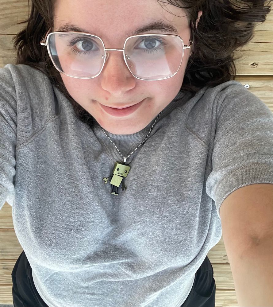 Me. A white nonbinary person with dark hair, glasses, and boobs.  I’m wearing a grey top and a robot necklace 