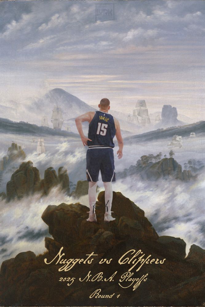 Nikola Jokic and many clipper boats in Caspar David Friedrich's Wanderer Above the Sea Fog