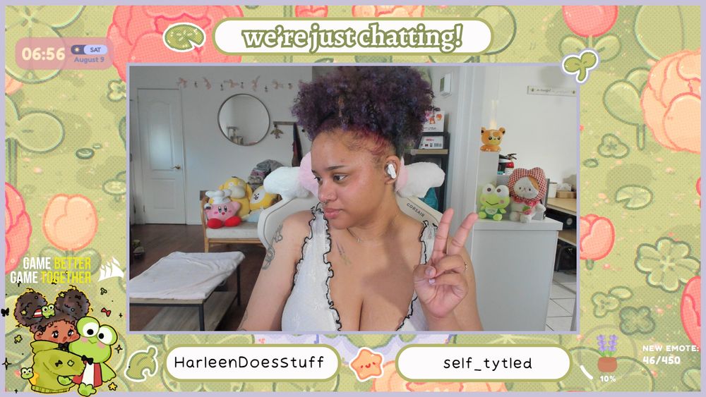 a screenshot of ChiChi on his chatting overlay, which has a green lilypad and frog theme background, a camera source of ChiChi on the middle, and art of ChiChi on the lower left. ChiChi's camera source shows him, a light-skinned, feminine Black person with purple and blue curly hair in a high puff. They are wearing a white top.
