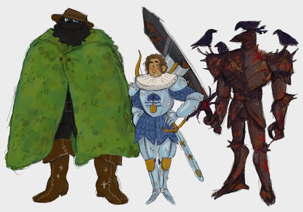 This is a oicture of designs of the player charakters in the skaldova season of naddpod. In a line up. Boggy is big man covered in a mossy green cloak, only his brown shiny boots, black bushy beard and hat are visible as well as his piercing blue eyes. Welly is a short brown haired women, in a blue nautical themed armor, with golden accents. Zudrick is a tall knight covered in a bird like rusty armor. There's four crows perched atop his shoulders and head. 