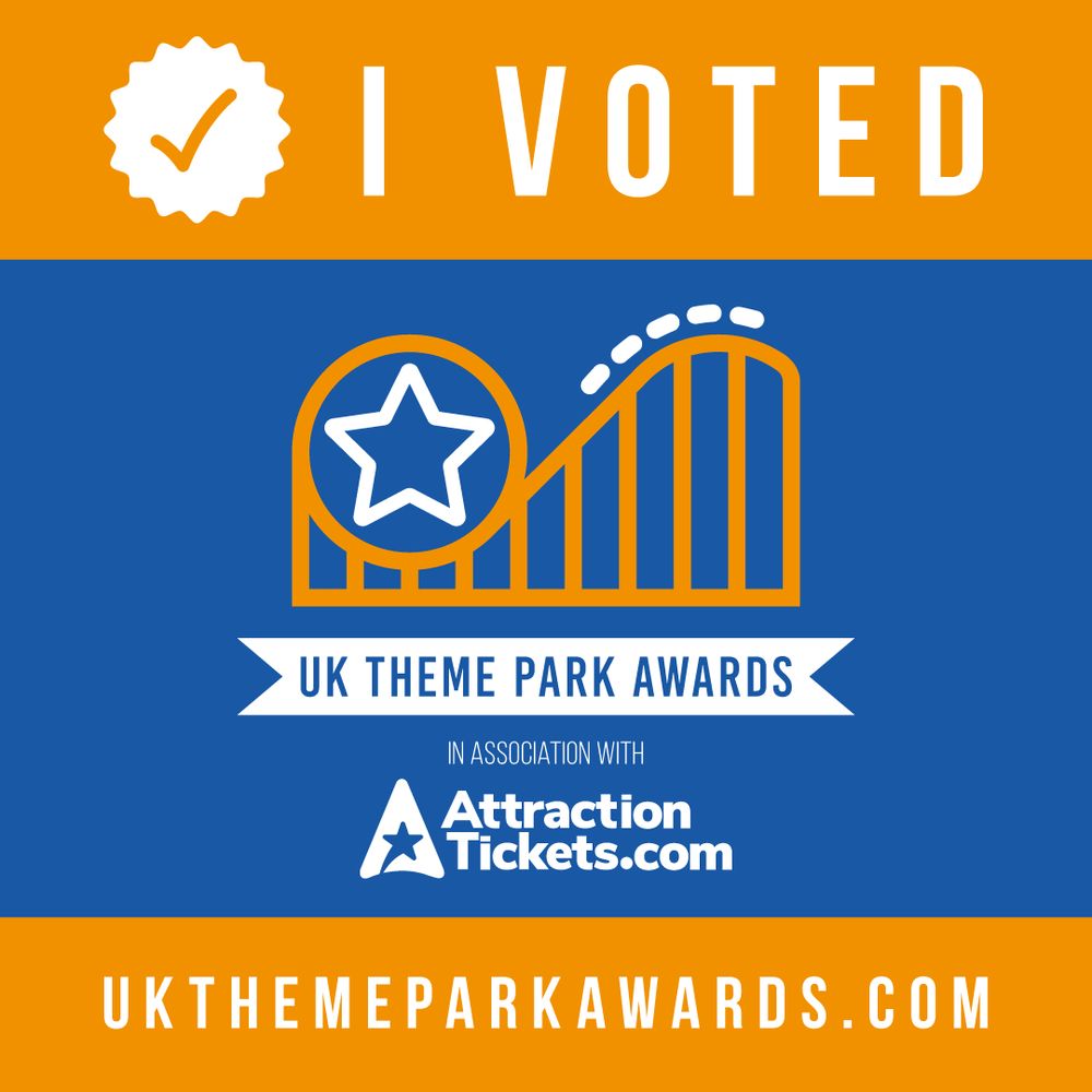 An "I Voted" Badge for the UK Theme Park Awards. Text reads: "I Voted
UK Theme Park Awards In Association with Attractiontickets.com
UKthemeparkawards.com"