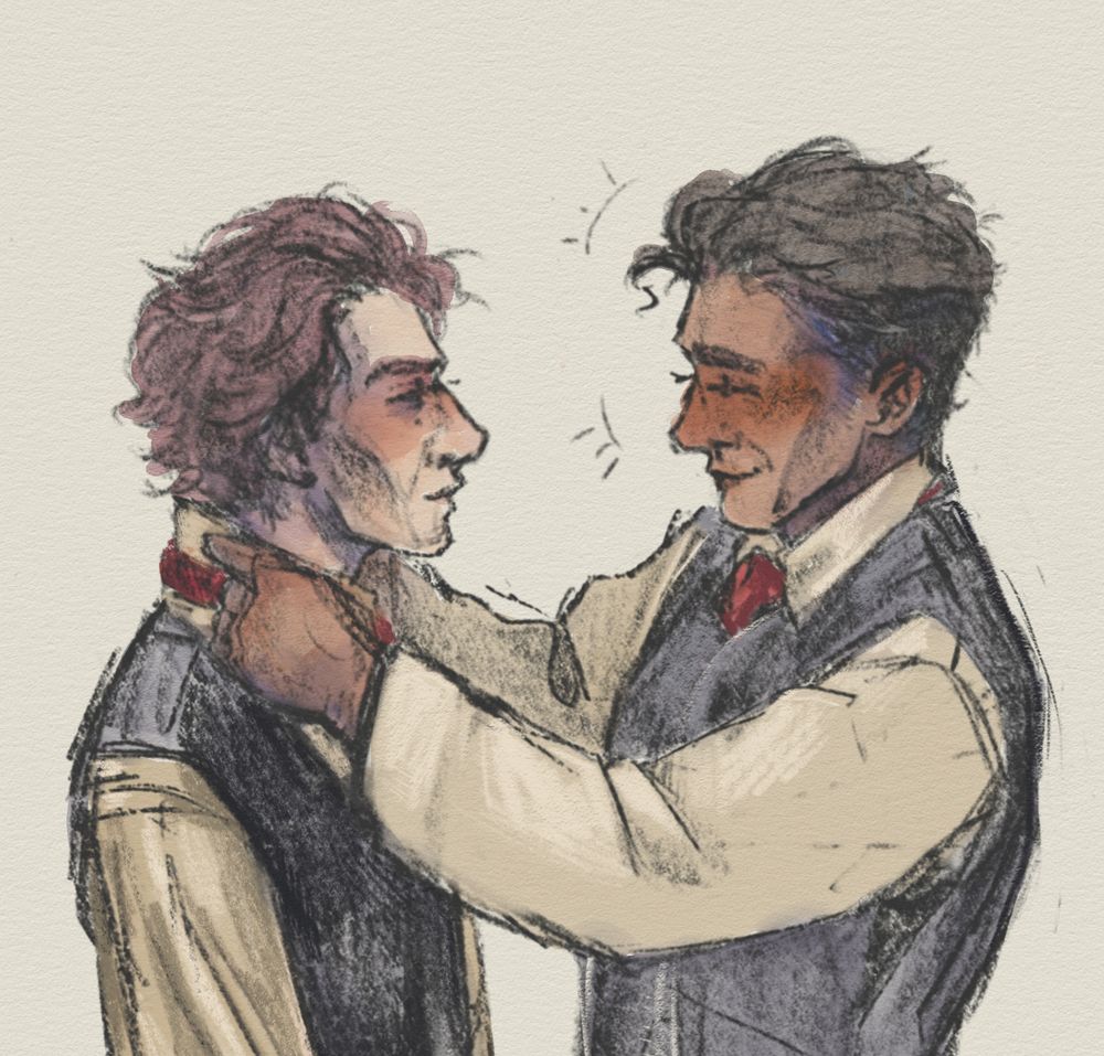 Alternate version of the first image with watercolour applied on top. They are in muted warm tones. Viktor's hair having pink undertones while Jayce's has purple. You can see their deep blushes more clearly.