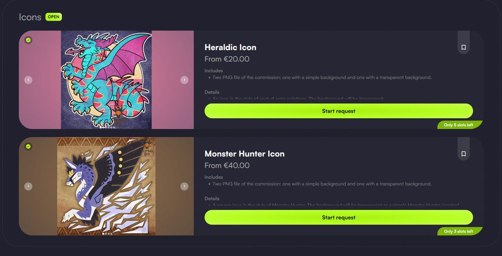 Vgen screenshot. The commission options are "heraldic icon: 20 euros" and "monster hunter icon: 40 euros"