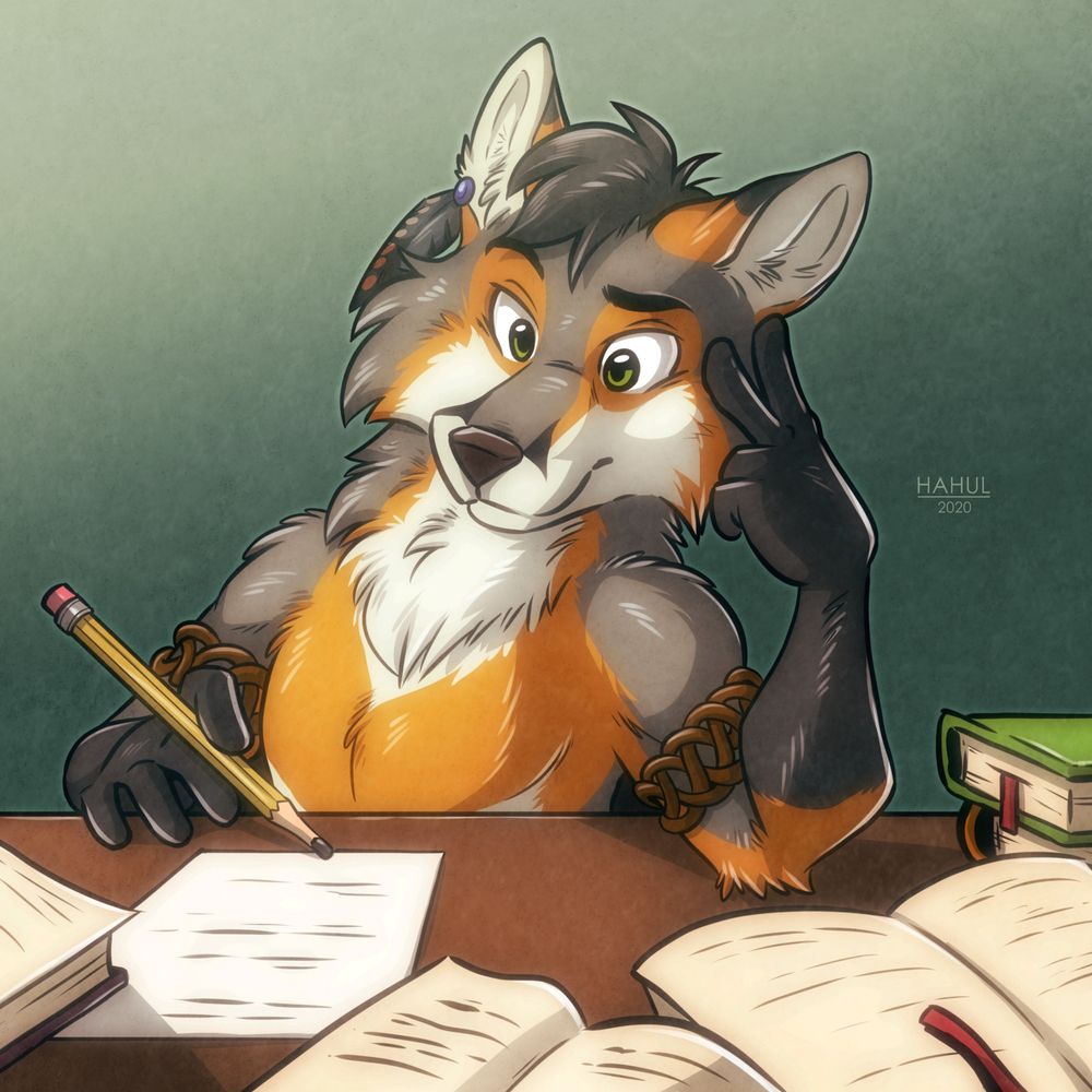 Picture of an anthropomorphic grey fox sitting at a desk littered with books. He is looking at a paper full of text in front of him. He's holding a pencil in his right hand and has two fingers of his left hand pressed against his left temple while his left elbow is resting on the table. He has an annoyed expression on his face.