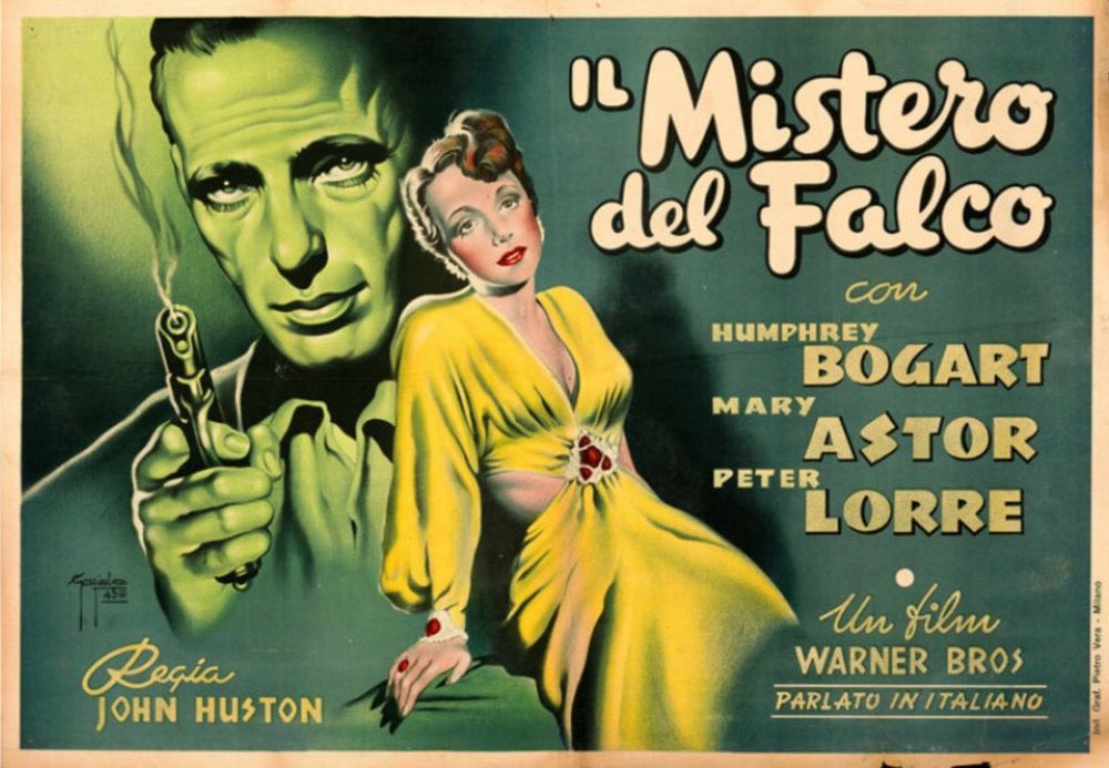 Mary Astor strikes a laconic pose, behind her Bogie holds a smoking gun
